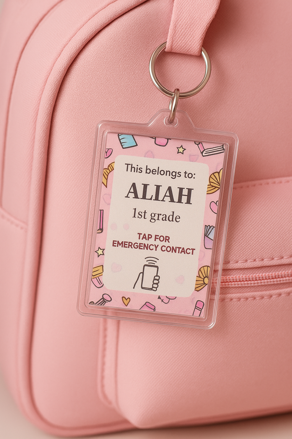 Custom Backpack Safety Tag for Kids – QR Code & NFC Emergency Contact Keychain