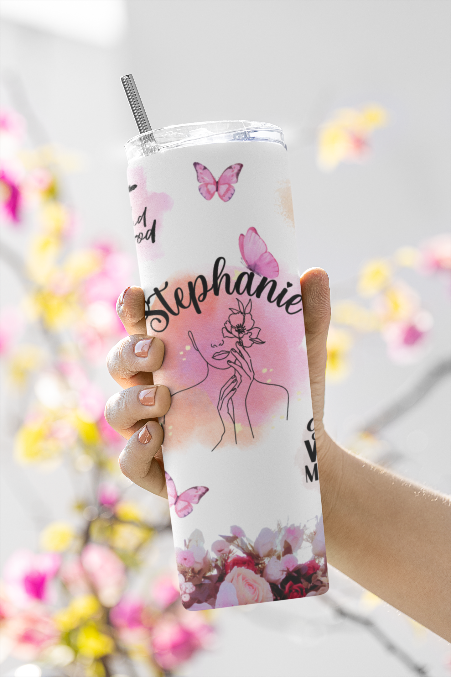 Personalized Floral & Butterfly Scripture Tumbler – Custom Name Stainless Steel Travel Cup
