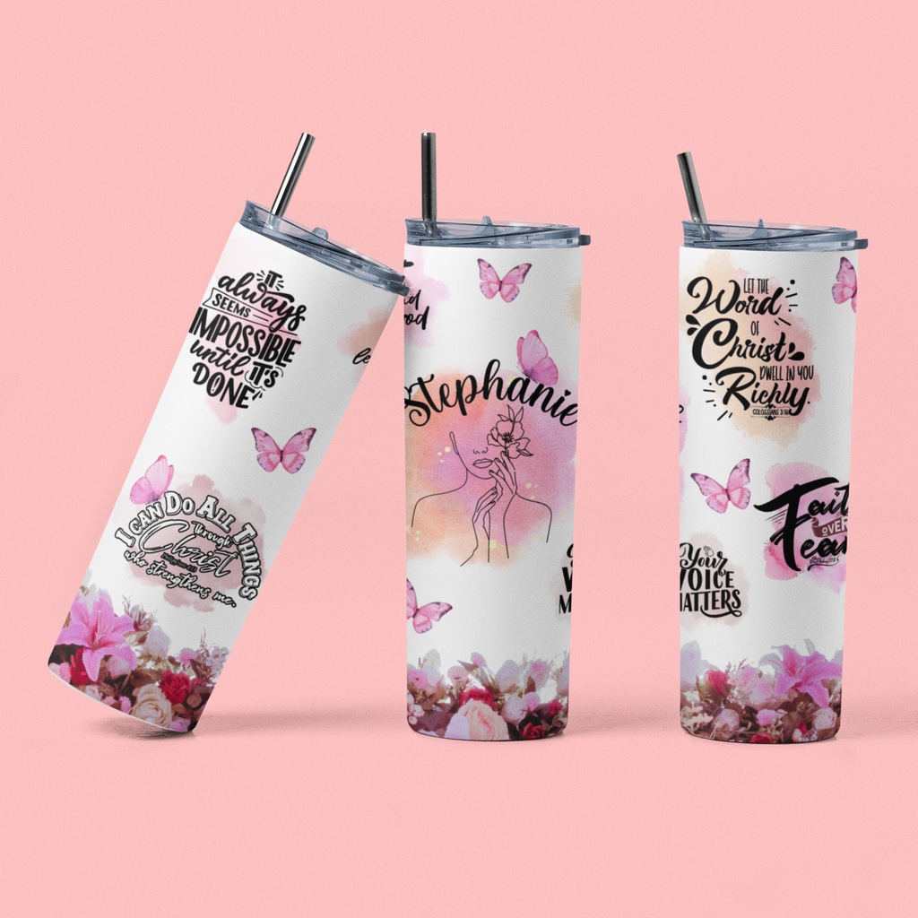 Personalized Floral & Butterfly Scripture Tumbler – Custom Name Stainless Steel Travel Cup