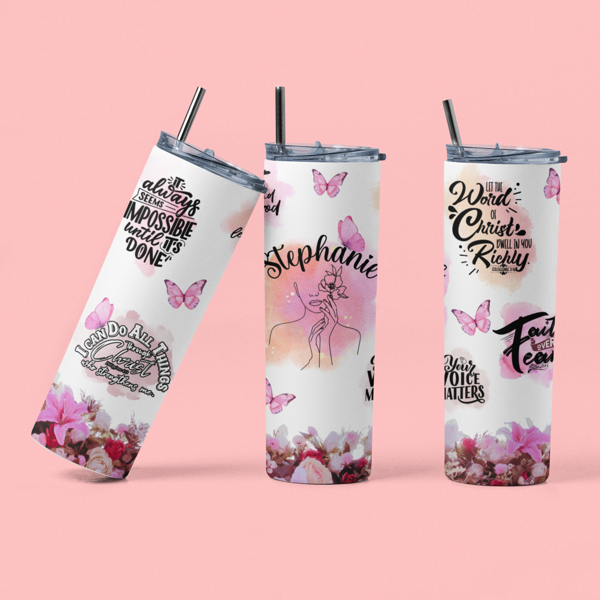 Personalized Floral & Butterfly Scripture Tumbler – Custom Name Stainless Steel Travel Cup